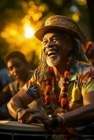un personnes âgées homme dans une paille chapeau et coloré chemise jouit en jouant le tambouriner, le sien rire faire écho le joyeux rythme, ai généré photo