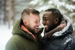 ai généré deux Hommes partage une rire dans une neigeux forêt photo