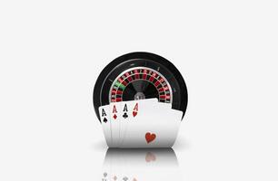 fermer photo de quatre as permanent devant de une noir roulette, isolé sur blanc Contexte. en jouant cartes. jeux d'argent divertissement.