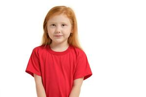 portrait de mignonne roux émotif peu fille isolé sur une blanc photo