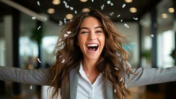 ai généré portrait de une magnifique femme d'affaires content et souriant Succès , ai génératif photo