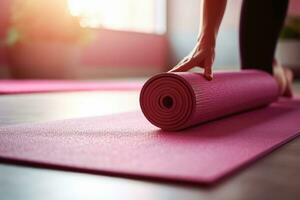 ai généré femme Faire une yoga pose sur une tapis à l'intérieur à Accueil , ai génératif photo