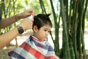 coiffeur Coupe cheveux de un asiatique garçon dans un ouvert espace rempli avec des arbres. photo