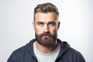 ai généré sérieux homme avec barbe dans décontractée tenue contre blanc toile de fond photo