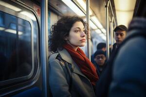 ai généré. Jeune femme avec frisé cheveux dans une rouge écharpe dans une métro auto. photo