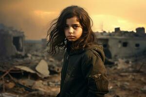 ai généré. une fille dans le ruines de un vieux ruiné maison. le concept de guerre et destruction photo