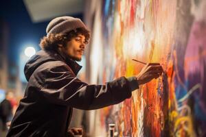 ai généré. Créatif Jeune artiste La peinture une coloré mural sur ville rue photo