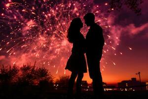 ai généré. des couples silhouette avec feux d'artifice photo