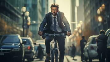 ai généré une homme dans une costume équitation une bicyclette vers le bas une ville rue photo