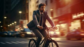ai généré homme d'affaire équitation vélo dans ville à nuit photo