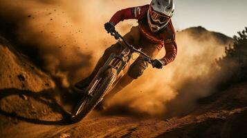 ai généré une homme équitation une Montagne bicyclette par une poussière nuage photo