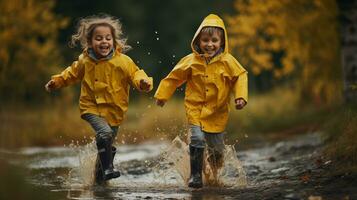 ai généré deux peu les enfants dans Jaune pluie manteaux fonctionnement par une flaque photo