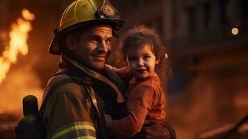 ai généré une homme et une enfant permanent dans de face de une Feu photo