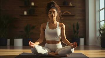 ai généré une femme dans une blanc Haut est méditer dans une yoga pose photo