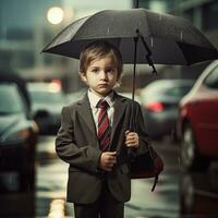 ai généré une Jeune garçon dans une costume et attacher en portant un parapluie photo