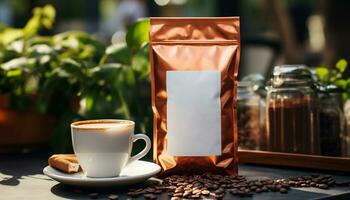 ai généré Frais café haricot paquet sur tableau, proche en haut de caféine boisson généré par ai photo