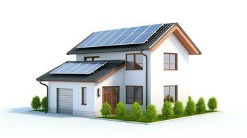 ai généré miniature maison modèle avec solaire panneau sur toit sur blanc Contexte. intelligent Accueil énergie économie concept photo