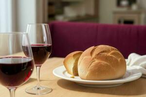 ai généré tasse de du vin avec pain. pro photo