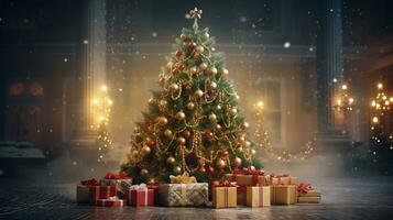 ai généré énorme Noël arbre avec cadeaux et brillant lumières photo