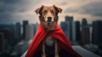 portrait de une chien habillé comme une super-héros avec une rouge cap photo