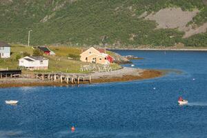 typique norvégien pêche village avec traditionnel rouge rorbu cabanes,honningsvag photo