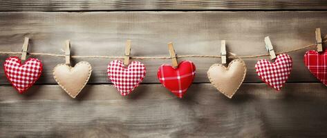 ai généré la Saint-Valentin journée Contexte avec cœurs et pinces à linge sur en bois mur photo