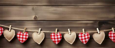 ai généré la Saint-Valentin journée Contexte avec cœurs et pinces à linge sur en bois mur photo