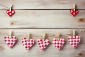 ai généré la Saint-Valentin journée Contexte avec cœurs et pinces à linge sur en bois mur photo