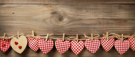 ai généré la Saint-Valentin journée Contexte avec cœurs et pinces à linge sur en bois mur photo