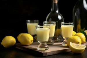 italien alcoolique limoncello sur en bois planche. produire ai photo