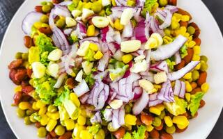 plat de légumes avec carottes pois oignons haricots sur plaque blanche. photo