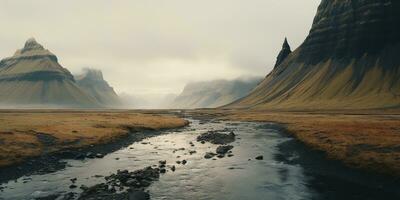 ai généré génératif ai, Islande magnifique brumeux sauvage paysage avec montagnes, esthétique en sourdine couleurs, photo