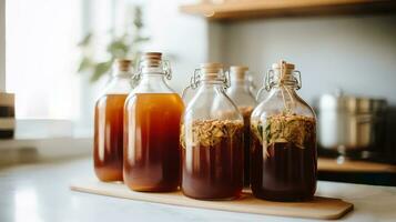 ai généré génératif ai, fait maison fermenté kombucha boire, en bonne santé thé, Naturel probiotique parfumé boisson photo