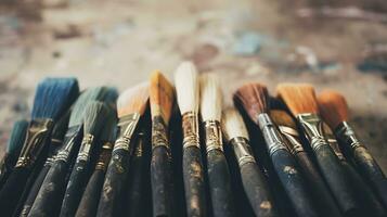 ai généré génératif ai, coloré utilisé brosses dans un artistes studio, esthétique en sourdine couleurs photo