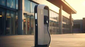 ai généré génératif ai, ev mise en charge gare, moderne vite électrique véhicule chargeurs, en bonne santé environnement concept photo