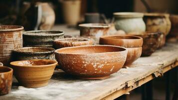 ai généré génératif ai, ouvré poterie, encore la vie de main fabriqué poterie et céramique boules, loisir et loisir concept photo