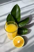 verre de Orange jus avec feuilles de le arbre et moitié de un Orange avec une blanc Contexte photo