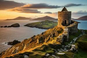 ai généré le coucher du soleil vue de le ruines de falaises de maman dans Irlande, une point de vue de braire tête sur valentine île dans le bague de Kerry dans le sud-ouest côte de Irlande pendant un l'automne, ai généré photo