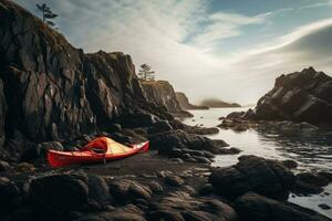 ai généré rouge kayak sur une rocheux rive dans le Matin. 3d le rendu, une rouge kayak et une homme camping sur côtier rochers, ai généré photo