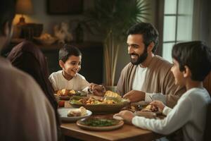 ai généré content famille ayant dîner ensemble à maison. père, mère et les enfants en mangeant en bonne santé nourriture, Beau arabe homme parlant à de bonne humeur multiculturel musulman famille pendant dîner photo