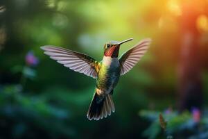 ai généré colibri dans vol avec tendu ailes. faune scène de tropique jungle. colibri dans vol avec tendu ailes, en volant colibri avec vert forêt, ai généré photo