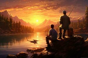 ai généré pêcheur avec pêche barre sur le Contexte de montagnes et coucher de soleil, famille papa et deux fils sont pêche à coucher de soleil, ai généré photo