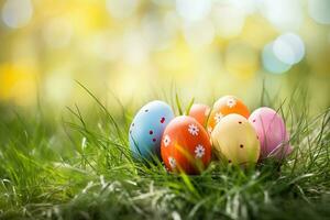 ai généré coloré Pâques des œufs dans herbe. content Pâques Contexte. photo