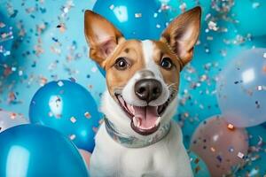 ai généré chien sur une bleu Contexte entouré par bleu des ballons et confettis. photo