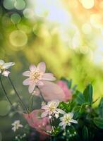 ai généré fleurs avec bokeh effet, feuilles avec bokeh effet, fleurs, feuilles, végétaux, effets, bokeh photo