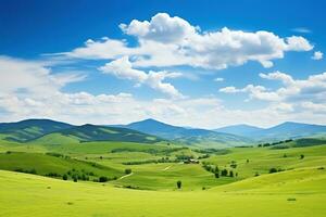 ai généré magnifique paysage avec vert prés et bleu ciel avec des nuages. photo