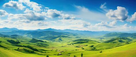 ai généré magnifique paysage avec vert prés et bleu ciel avec des nuages. photo