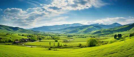 ai généré magnifique paysage avec vert prés et bleu ciel avec des nuages. photo