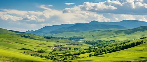 ai généré magnifique paysage avec vert prés et bleu ciel avec des nuages. photo