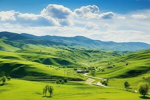 ai généré magnifique paysage avec vert prés et bleu ciel avec des nuages. photo